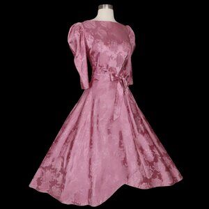 Vintage 80s 40s Pink Floral Dressing Robe Look Faux Wrap Skirt Party Dress M